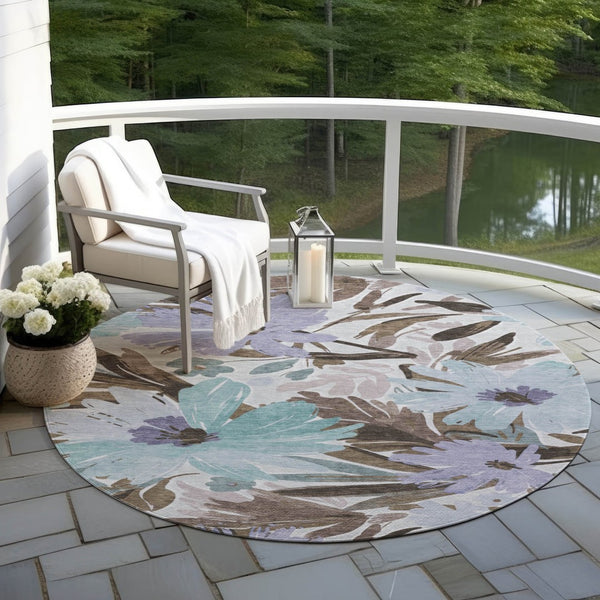 HomeRoots 5' Stylish Taupe and Lilac Floral Rug - Durable, Washable, Perfect for Indoor and Outdoor Spaces 8' Round 611000