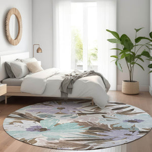 HomeRoots 5' Stylish Taupe and Lilac Floral Rug - Durable, Washable, Perfect for Indoor and Outdoor Spaces 8' Round 611000
