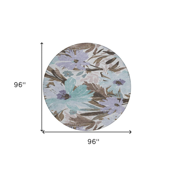 HomeRoots 5' Stylish Taupe and Lilac Floral Rug - Durable, Washable, Perfect for Indoor and Outdoor Spaces 8' Round 611000