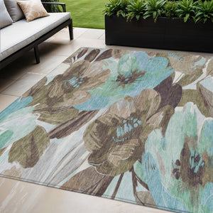 HomeRoots 5' Durable Khaki and Taupe Floral Area Rug - Stylish, Washable, Perfect for Indoor and Outdoor Use 5' X 8' 611005