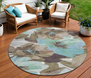 HomeRoots 5' Durable Khaki and Taupe Floral Area Rug - Stylish, Washable, Perfect for Indoor and Outdoor Use 8' Round 611006