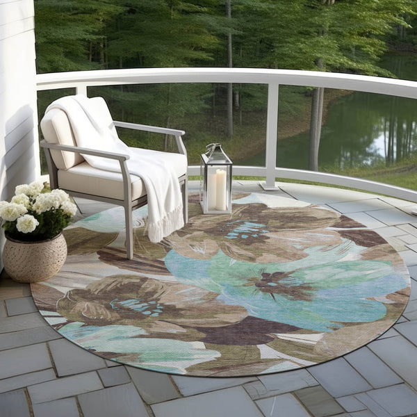 HomeRoots 5' Durable Khaki and Taupe Floral Area Rug - Stylish, Washable, Perfect for Indoor and Outdoor Use 8' Round 611006