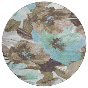 HomeRoots 5' Durable Khaki and Taupe Floral Area Rug - Stylish, Washable, Perfect for Indoor and Outdoor Use 8' Round 611006