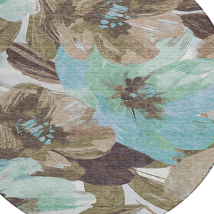 HomeRoots 5' Durable Khaki and Taupe Floral Area Rug - Stylish, Washable, Perfect for Indoor and Outdoor Use 8' Round 611006