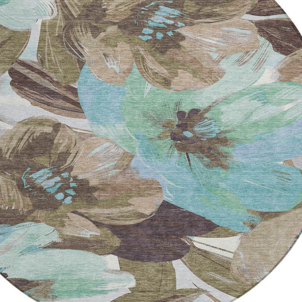 HomeRoots 5' Durable Khaki and Taupe Floral Area Rug - Stylish, Washable, Perfect for Indoor and Outdoor Use 8' Round 611006