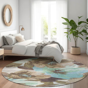 HomeRoots 5' Durable Khaki and Taupe Floral Area Rug - Stylish, Washable, Perfect for Indoor and Outdoor Use 8' Round 611006