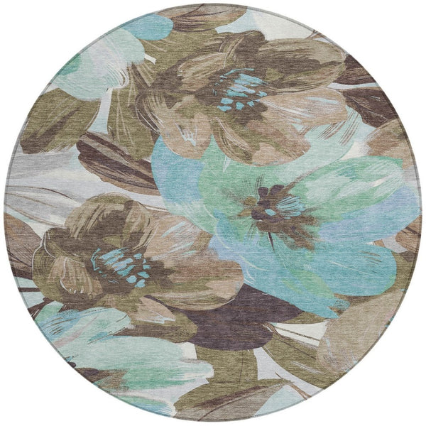 HomeRoots 5' Durable Khaki and Taupe Floral Area Rug - Stylish, Washable, Perfect for Indoor and Outdoor Use 8' Round 611006