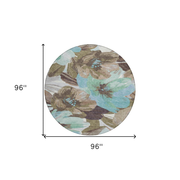 HomeRoots 5' Durable Khaki and Taupe Floral Area Rug - Stylish, Washable, Perfect for Indoor and Outdoor Use 8' Round 611006