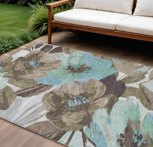 HomeRoots 5' Durable Khaki and Taupe Floral Area Rug - Stylish, Washable, Perfect for Indoor and Outdoor Use 10' X 14' 611009