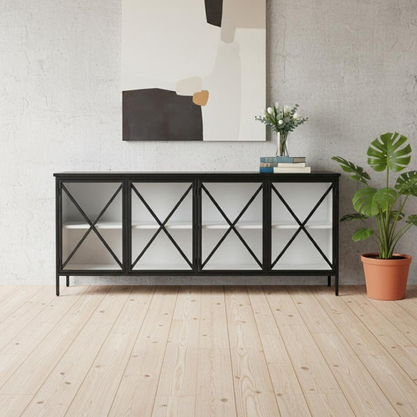HomeRoots 79" Black and White Iron Sideboard - Elegant Modern Design with Soft Close Doors & Adjustable Shelving 611014