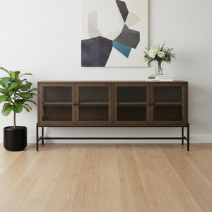 HomeRoots 70" Solid Wood Sideboard with Soft Close Glass Doors – Stylish Storage for Any Room Decor! 611015
