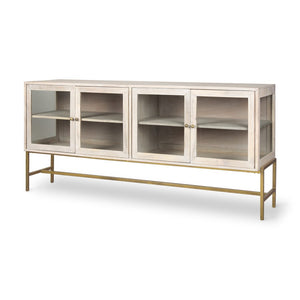 HomeRoots 70" Luxurious Gold and White Solid Wood Sideboard with Soft-Close Doors and Glass Shelving Storage 611016