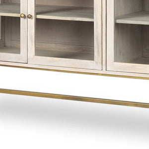 HomeRoots 70" Luxurious Gold and White Solid Wood Sideboard with Soft-Close Doors and Glass Shelving Storage 611016