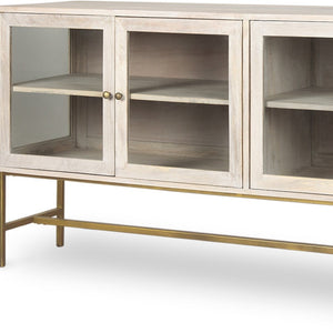 HomeRoots 70" Luxurious Gold and White Solid Wood Sideboard with Soft-Close Doors and Glass Shelving Storage 611016