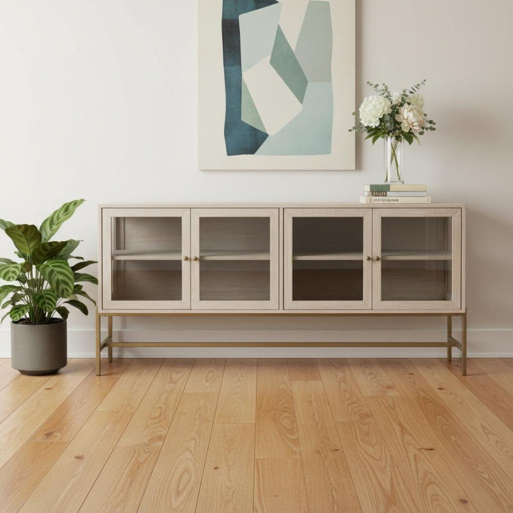HomeRoots 70" Luxurious Gold and White Solid Wood Sideboard with Soft-Close Doors and Glass Shelving Storage 611016