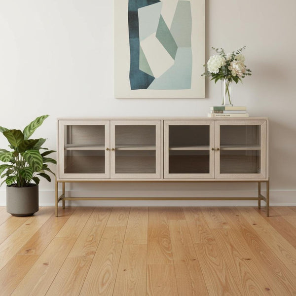 HomeRoots 70" Luxurious Gold and White Solid Wood Sideboard with Soft-Close Doors and Glass Shelving Storage 611016