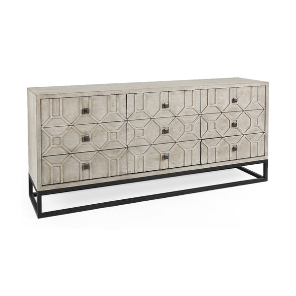 HomeRoots 70" Light Brown Wood Carved Geometric Nine Drawer Sideboard - Modern Elegance & Practical Storage Solution 611018