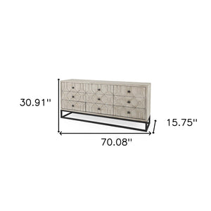 HomeRoots 70" Light Brown Wood Carved Geometric Nine Drawer Sideboard - Modern Elegance & Practical Storage Solution 611018