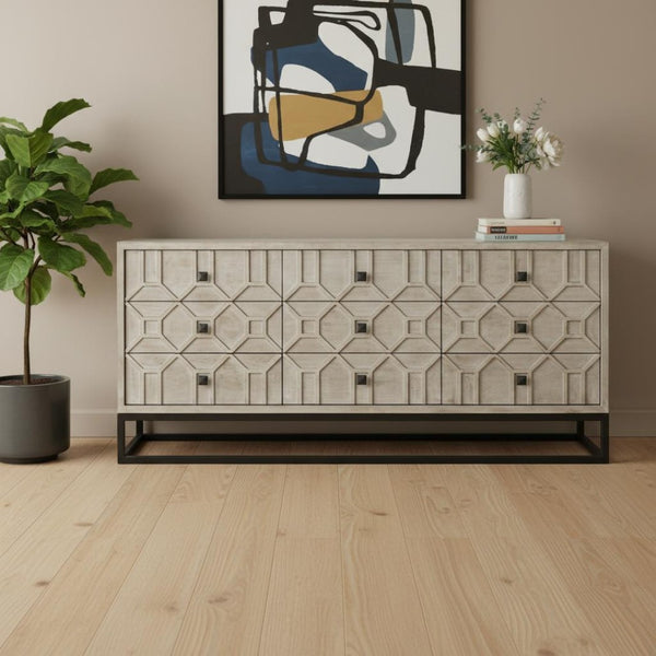 HomeRoots 70" Light Brown Wood Carved Geometric Nine Drawer Sideboard - Modern Elegance & Practical Storage Solution 611018
