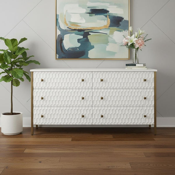HomeRoots 63" Gold and White Geometric Six Drawer Sideboard – Modern Glam Storage Solution for Any Space 611020