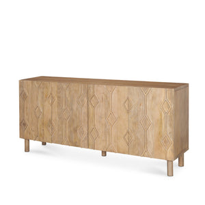 HomeRoots 71" Light Brown Solid Wood Sideboard with Soft-Close Doors & Geometric Carved Design for Storage 611021