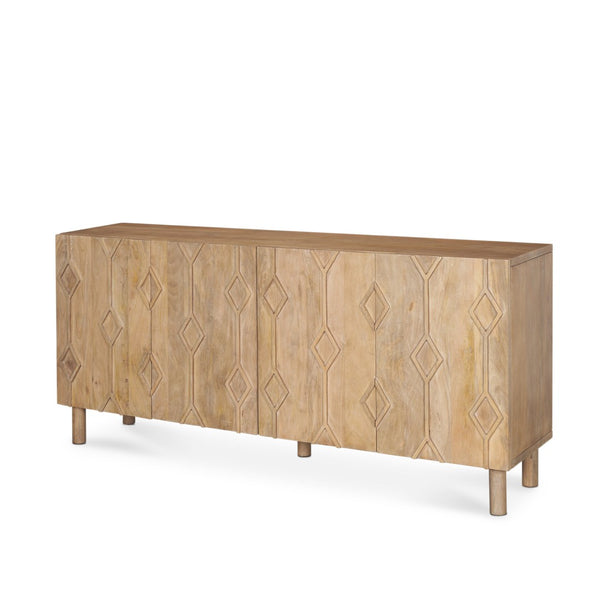 HomeRoots 71" Light Brown Solid Wood Sideboard with Soft-Close Doors & Geometric Carved Design for Storage 611021