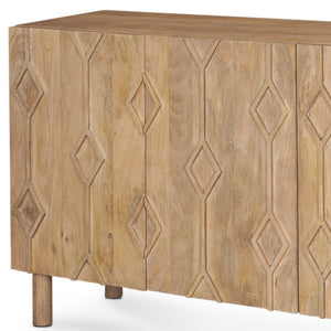 HomeRoots 71" Light Brown Solid Wood Sideboard with Soft-Close Doors & Geometric Carved Design for Storage 611021