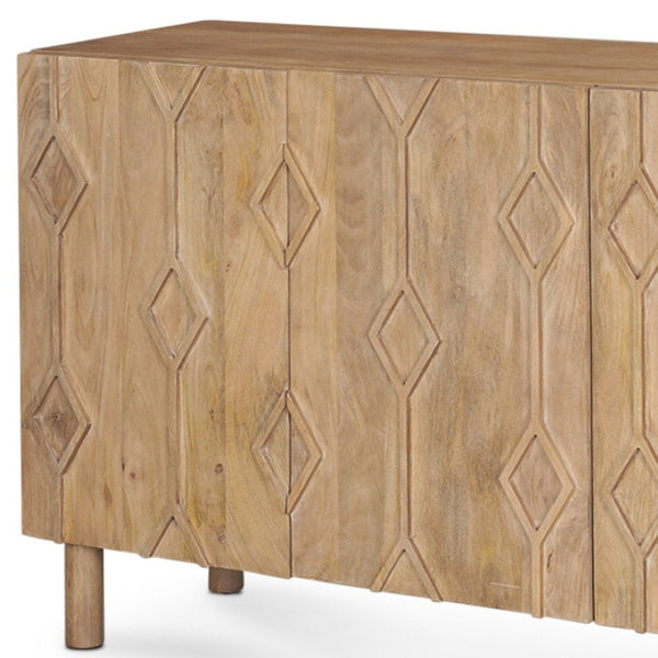 HomeRoots 71" Light Brown Solid Wood Sideboard with Soft-Close Doors & Geometric Carved Design for Storage 611021