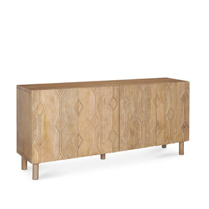 HomeRoots 71" Light Brown Solid Wood Sideboard with Soft-Close Doors & Geometric Carved Design for Storage 611021