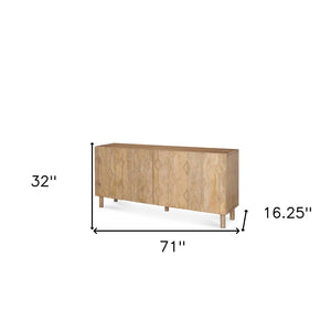 HomeRoots 71" Light Brown Solid Wood Sideboard with Soft-Close Doors & Geometric Carved Design for Storage 611021