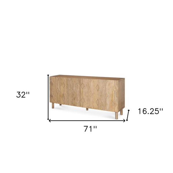 HomeRoots 71" Light Brown Solid Wood Sideboard with Soft-Close Doors & Geometric Carved Design for Storage 611021