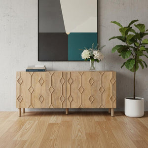 HomeRoots 71" Light Brown Solid Wood Sideboard with Soft-Close Doors & Geometric Carved Design for Storage 611021