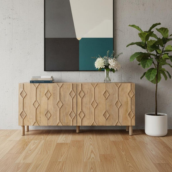 HomeRoots 71" Light Brown Solid Wood Sideboard with Soft-Close Doors & Geometric Carved Design for Storage 611021