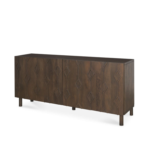 HomeRoots 71" Dark Brown Solid Wood Sideboard with Soft-Close Doors & Geometric Carvings for Elegant Storage 611023