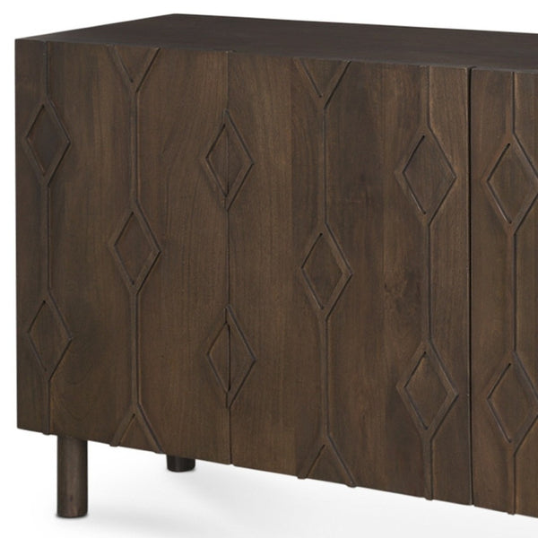 HomeRoots 71" Dark Brown Solid Wood Sideboard with Soft-Close Doors & Geometric Carvings for Elegant Storage 611023