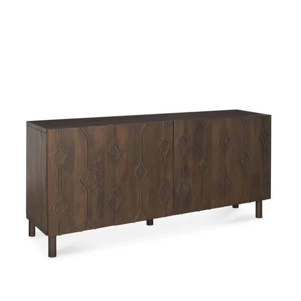 HomeRoots 71" Dark Brown Solid Wood Sideboard with Soft-Close Doors & Geometric Carvings for Elegant Storage 611023