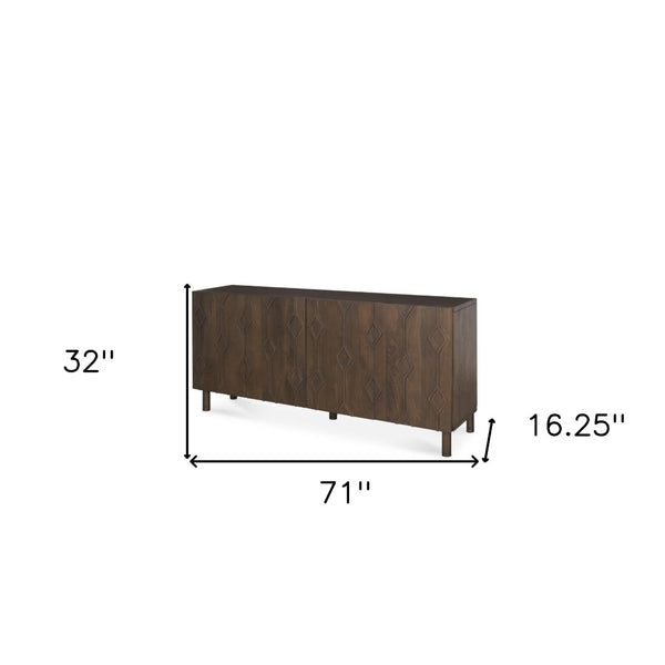 HomeRoots 71" Dark Brown Solid Wood Sideboard with Soft-Close Doors & Geometric Carvings for Elegant Storage 611023