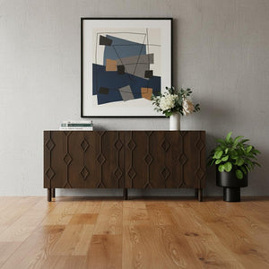 HomeRoots 71" Dark Brown Solid Wood Sideboard with Soft-Close Doors & Geometric Carvings for Elegant Storage 611023