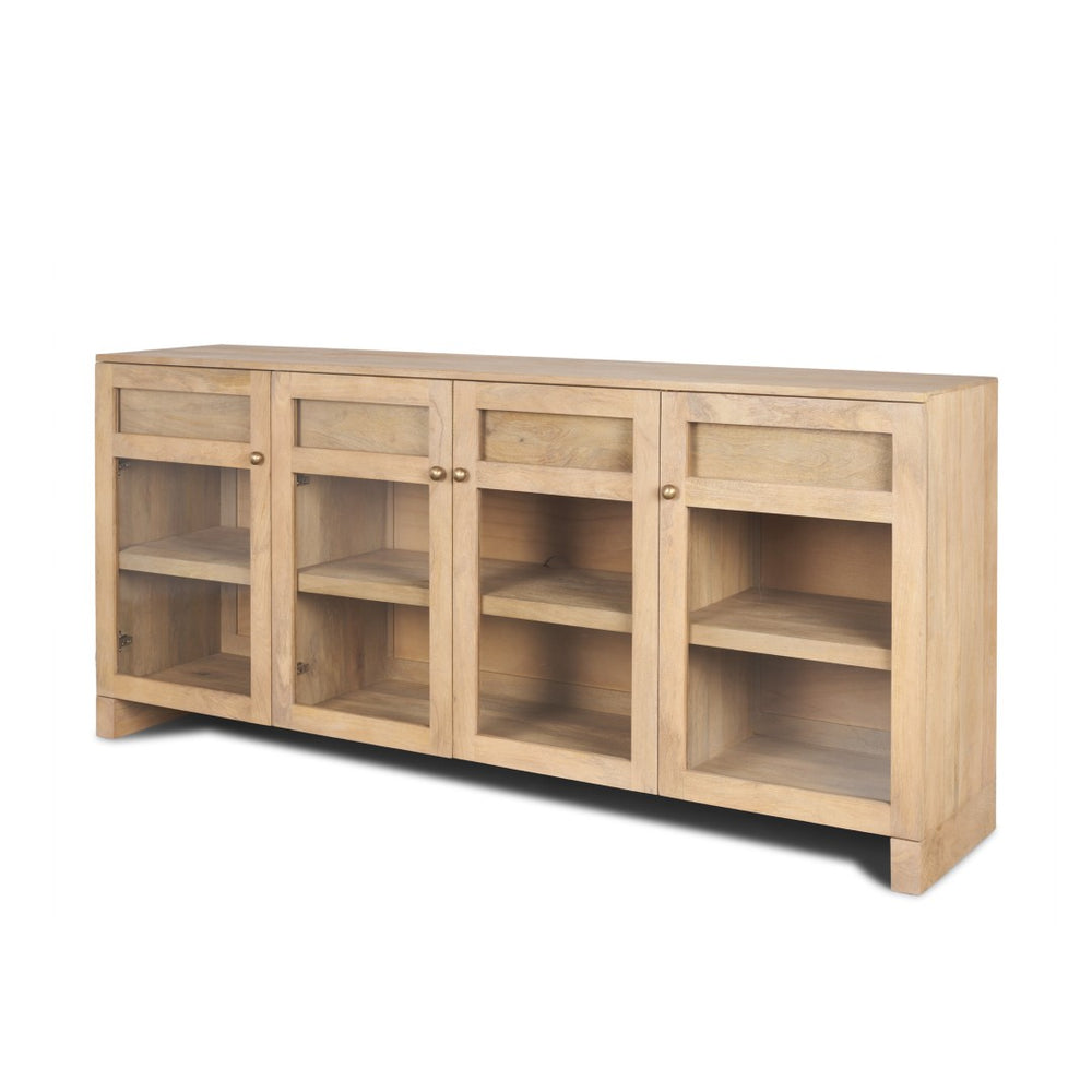 HomeRoots 80" Light Brown Solid Wood Sideboard with Soft-Close Drawers & Glass Doors for Stylish Storage Solutions 611025