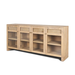 HomeRoots 80" Light Brown Solid Wood Sideboard with Soft-Close Drawers & Glass Doors for Stylish Storage Solutions 611025