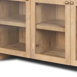 HomeRoots 80" Light Brown Solid Wood Sideboard with Soft-Close Drawers & Glass Doors for Stylish Storage Solutions 611025