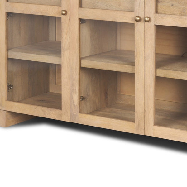 HomeRoots 80" Light Brown Solid Wood Sideboard with Soft-Close Drawers & Glass Doors for Stylish Storage Solutions 611025