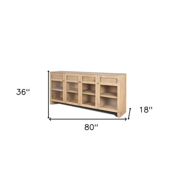 HomeRoots 80" Light Brown Solid Wood Sideboard with Soft-Close Drawers & Glass Doors for Stylish Storage Solutions 611025
