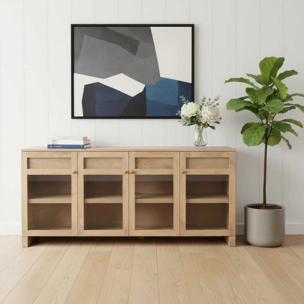HomeRoots 80" Light Brown Solid Wood Sideboard with Soft-Close Drawers & Glass Doors for Stylish Storage Solutions 611025