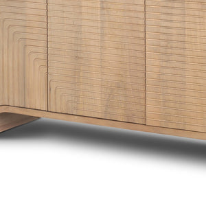 HomeRoots 72" Brown Solid Wood Sideboard with Intricate Scrollwork, Soft Close Doors & Versatile Storage Solutions 611026