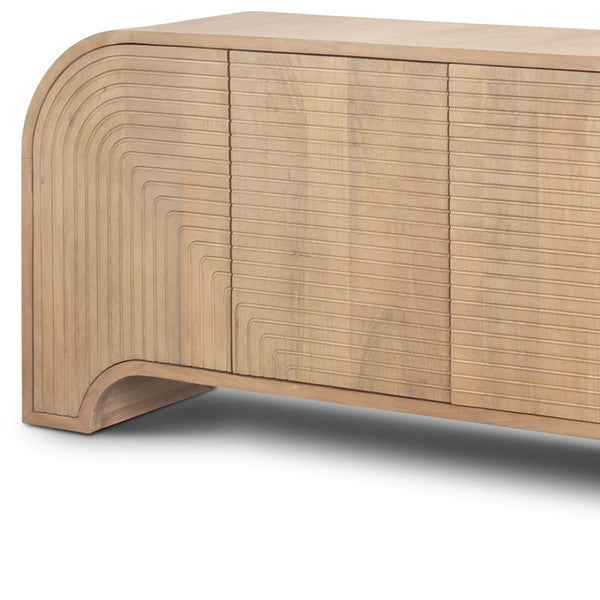 HomeRoots 72" Brown Solid Wood Sideboard with Intricate Scrollwork, Soft Close Doors & Versatile Storage Solutions 611026