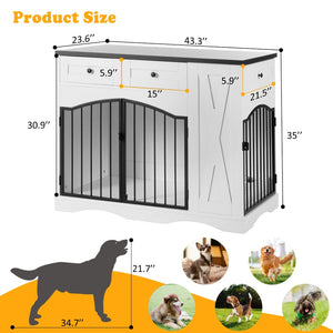 English Elm Go Farmhouse White Wood Dog Crate End Table with Three Drawers and Iron Door Panels N704P338959K