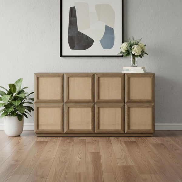 HomeRoots 64" Solid Wood Sideboard with Rattan Accents - Stylish Four-Door Storage Solution for Any Room 611027