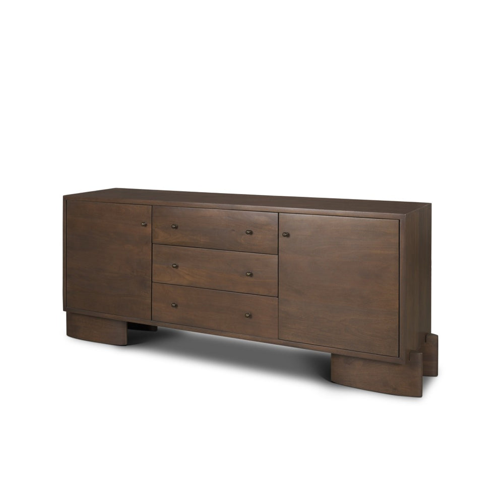 HomeRoots 76" Brown Solid Wood Sideboard with Soft Close, Three Drawers & Two Doors for Stylish Storage Solutions 611029