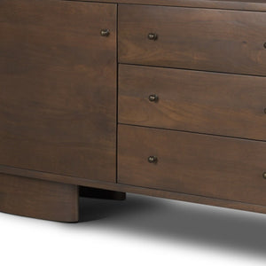 HomeRoots 76" Brown Solid Wood Sideboard with Soft Close, Three Drawers & Two Doors for Stylish Storage Solutions 611029